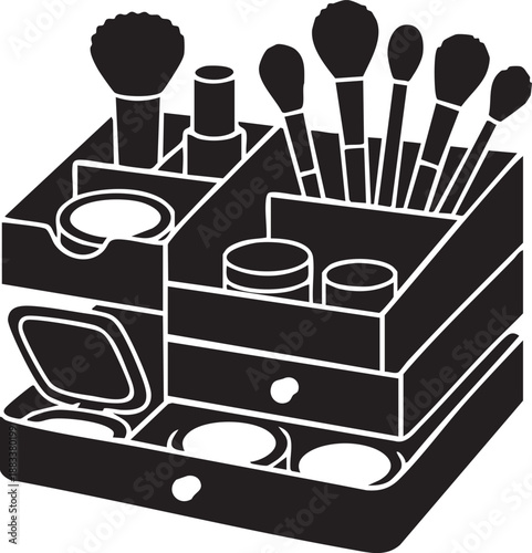Makeup Organizer Box with Cosmetics and Brushes Icon Silhouette