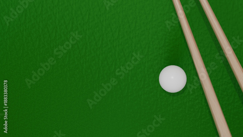 Photos Top view of a billiard table with a white cue ball and two wooden cues on green felt
