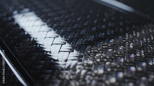 Detailed Macro Shot of Glossy Black Woven Carbon Fiber with Reflective Light and Deep Shadows Creates a Modern Industrial Aesthetic