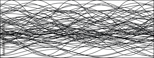 A dynamic black and white abstract design with overlapping chaotic lines creating a wave-like pattern.