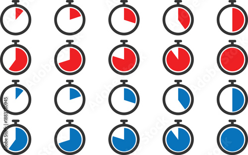 Stopwatch icon set in red color on white background. Collection of countdown timer and clock symbols. illustration of stopwatch icons for time tracking and urgency display .