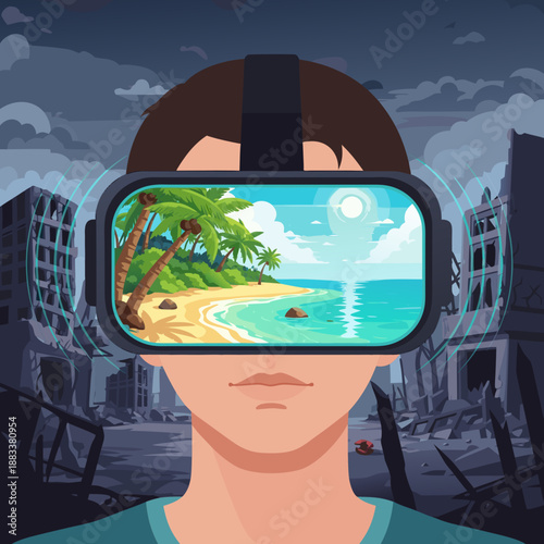 Virtual reality glasses show paradise against a backdrop of devastation. The concept of AI hallucination, algorithm failure, and reality filter. Perception distortion and digital deception.