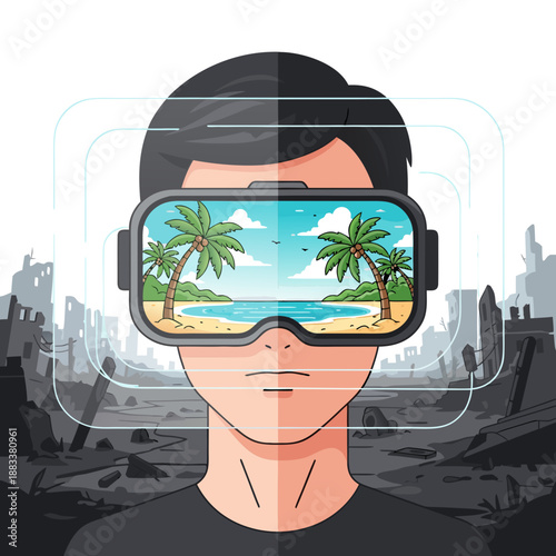 Virtual reality glasses show paradise against a backdrop of devastation. The concept of AI hallucination, algorithm failure, and reality filter. Perception distortion and digital deception.
