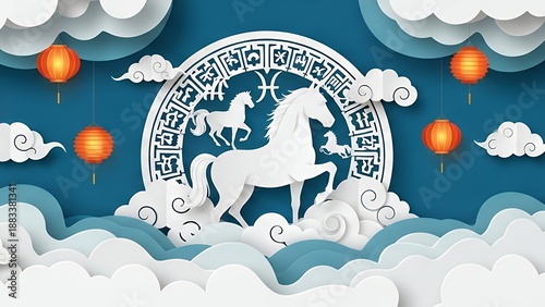 A white horse stands proudly in front of a zodiac wheel surrounded by clouds and lanterns