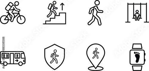 Active lifestyle and mobility icon set featuring cycling, walking, stairs, playground, bus, safety, location, fitness tracker outline vector