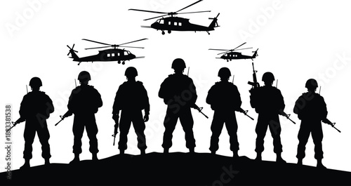 Army soldiers and helicopters silhouettes, special forces team standing on hill, modern military operation scene, combat mission vector illustration