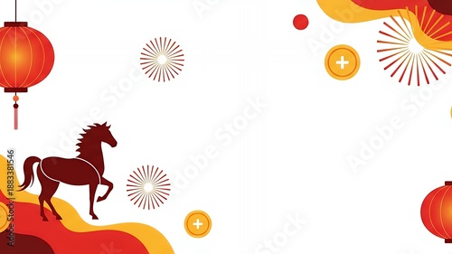 A vibrant illustration of a horse surrounded by festive Chinese New Year decorations