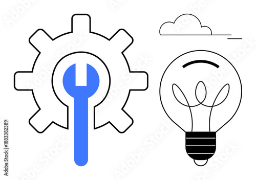 Innovation, technology development, problem-solving, creativity, tools, and industry. Gear with wrench next to a lightbulb icon. Innovation and technology development