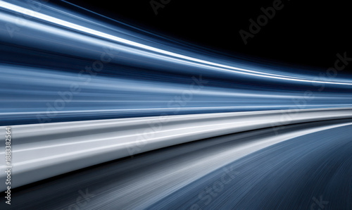 Abstract streaks of light depict speed and movement in shades of blue and white against a dark background.