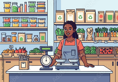 Smiling supermarket cashier standing at counter with fresh produce