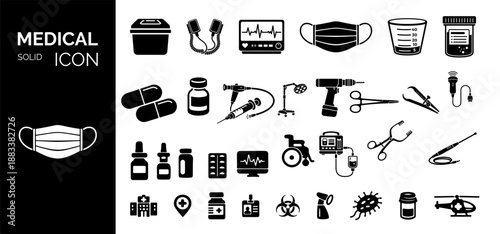 Solid vector healthcare icons collection including medicine, health services, disease, injury, diagnostic tools, prevention, and clinical reporting symbols. Hospital, patient, medicine, pharmacy.