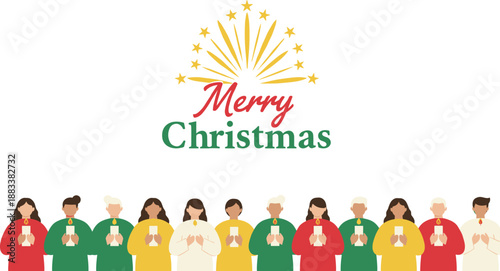 Christmas choir illustration with diverse people holding candles, festive greeting card banner, holiday celebration, merry christmas typography, winter design vector