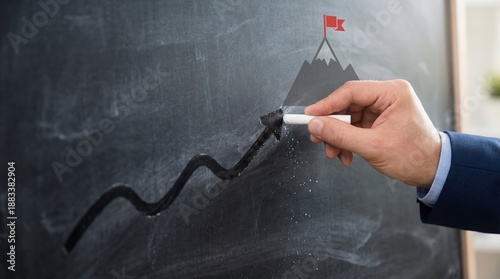 Hand with Chalk Drawing Progress Graph on Black Chalkboard Background