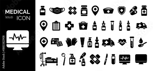 Solid vector healthcare icons collection including medicine, health services, disease, injury, diagnostic tools, prevention, and clinical reporting symbols. Hospital, patient, medicine, pharmacy.