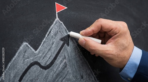 Hand Drawing Growth Graph on Chalkboard with Red Flag on Mountain Peak