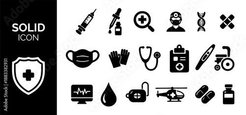 Solid vector healthcare icons collection including medicine, health services, disease, injury, diagnostic tools, prevention, and clinical reporting symbols. Hospital, patient, medicine, pharmacy.