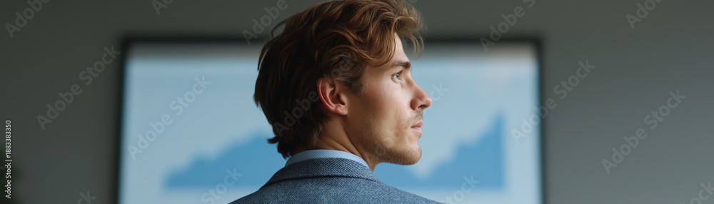 Fototapeta premium Businessman Contemplating Growth Trends in Modern Office Environment