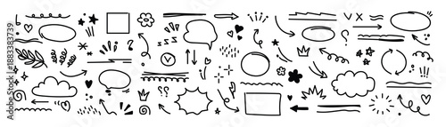 Arrow hand drawn line set. Scribble sketch line element in hand drawn black marker, pencil stroke style. Decorative curve arrow, underline, Vector illustration.