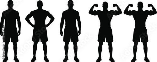 Male fitness body silhouettes set, muscular athletes standing and flexing arms, bodybuilding poses, gym training and strength concept vector illustration