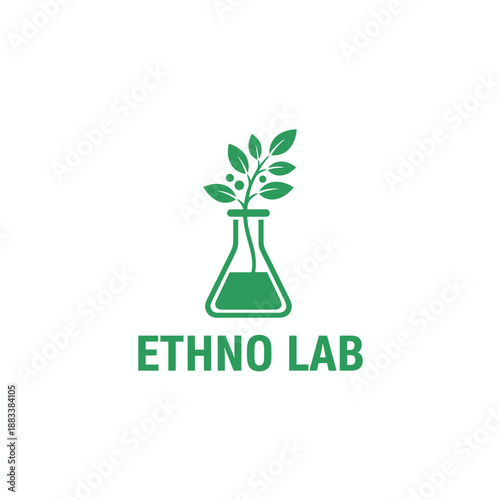 Green botanical plant growing inside a laboratory flask icon for herbal research or natural pharmacy branding identity named ETHNO LAB.