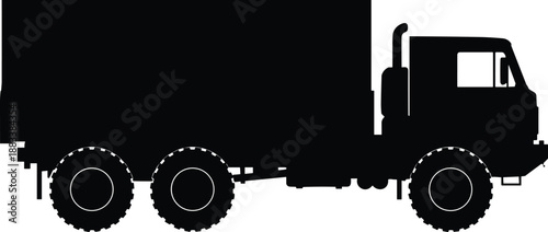Military cargo truck silhouette, heavy army transport vehicle side view, logistics and supply concept, off road defense transport isolated illustration