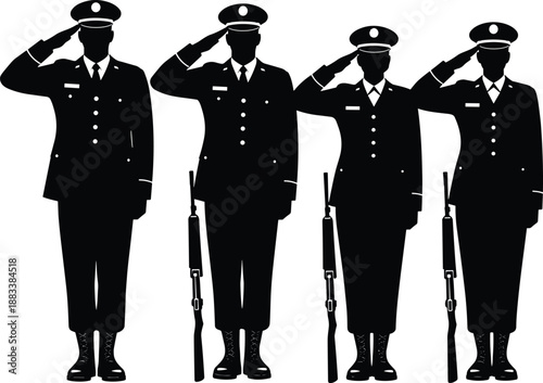 Military salute officer silhouettes set, ceremonial army guards with rifles, standing honor pose, uniformed service men isolated vector illustration