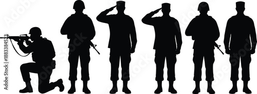 Military soldier silhouettes collection, kneeling shooter and standing officers saluting, modern army poses with rifles, tactical defense vector illustration