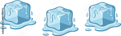 Vector illustration set of three melting blue ice cubes featuring glossy textures, dripping water droplets, and liquid puddles at the base.