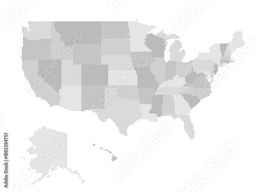 This pixel map outlines the geographical boundaries of the United States, clearly identifying individual states in a grayscale format for easy visualization and reference.