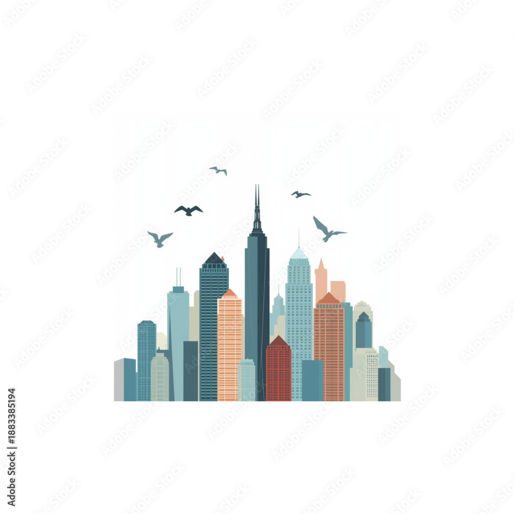 Obraz premium Modern city skyline vector illustration with various skyscrapers and flying birds. A dynamic graphic design representing urban architecture, metropolitan life, and contemporary cityscapes
