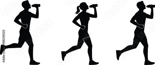 Running athletes drinking water silhouettes, male and female runners hydrating during workout, healthy lifestyle and fitness training vector illustration concept