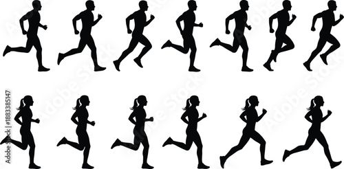 Running people silhouettes set, male and female joggers in motion sequence, fitness sprint and marathon training, active lifestyle vector illustration