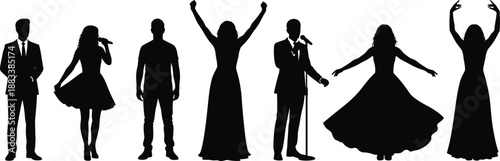 Singer and dancer silhouettes set, male and female performers on stage, concert show poses, music performance and entertainment vector illustration collection