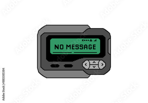 Retro pixel art pager device with green LCD screen displaying "No Message" text. Classic 90s beeper communication gadget vector illustration
