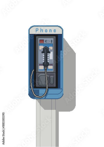 Obraz na płótnie A classic blue payphone booth with black handset, coiled cord, and digital display, standing isolated on white background