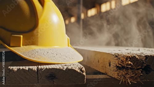 Construction Safety: Close-up of a construction site featuring a sturdy wooden beam and a safety hard hat, all dusted with a fine layer of sawdust