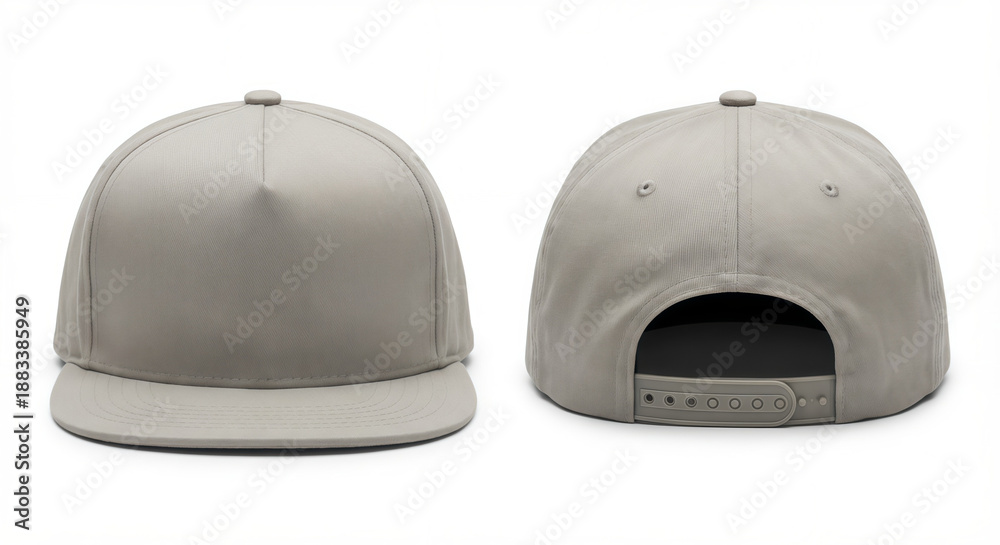 Fototapeta premium Front and back snapback hat mockup, neutral color, no logo, symmetrical view, photorealistic, isolated background, high quality