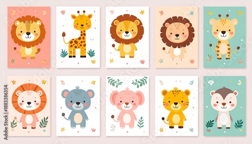 Delightful collection of ten illustrated animal portraits in a cute, cartoon style with soft colors and botanical accents