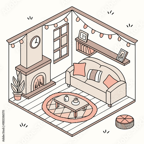 Cozy living room with fireplace and decorative lights