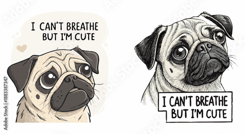 Minimalist illustration of a pug's face. Big, round and expressive eyes conveying a sad but cute emotion. Next to it is the text: I CAN'T BREATHE BUT I'M CUTE . For stickers, sarcastic memes, merch