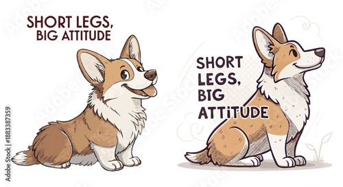 Minimalistic vector illustration of a cartoon Welsh Corgi sitting. Bold text next to it: SHORT LEGS, BIG ATTITUDE. for stickers, t-shirts, merch, motivational posters or social media