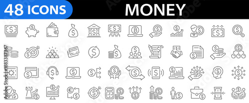 Money Thin Line Icon Set. Finance icon set. Money signs. Vector business and finance editable stroke line icon. Bank, check, law, auction, coins, exchance, payment, wallet, deposit, piggy. Vector