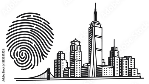 Digital fingerprint transforming into a city skyline with skyscrapers and bridge
