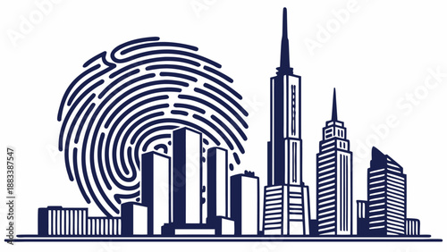 Digital fingerprint transforming into a futuristic city skyline with skyscrapers and urban landscape