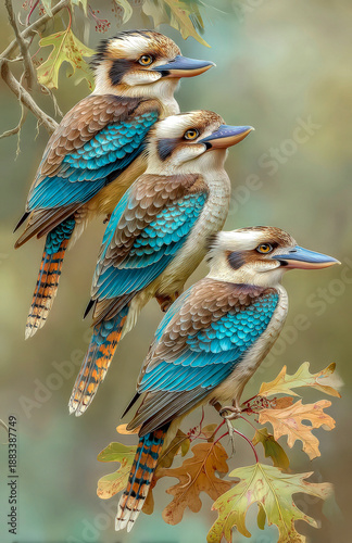 Three kookaburras perched