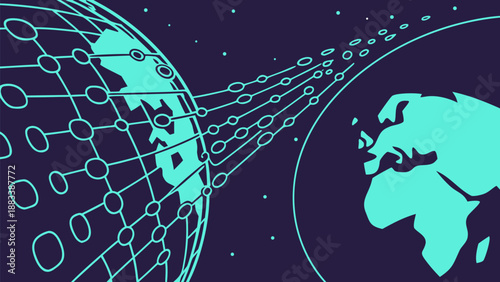 Glowing digital globe dissolving into futuristic network connections on dark blue background with stars