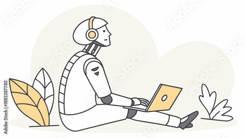 A humanoid robot sitting cross legged in a meditative pose with a laptop and headphones on in a serene natural setting with leaves
