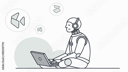 A humanoid robot sits cross legged in meditation while working on a laptop with a peaceful expression