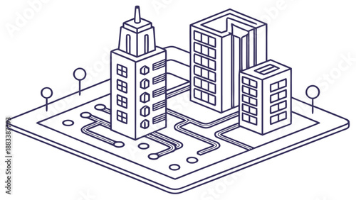 Isometric cityscape on transparent circuit board background with modern skyscrapers and infrastructure
