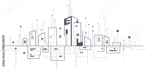 Smart city skyline, abstract urban design, digital architecture vector, futuristic buildings, tech circuit style, modern network cityscape